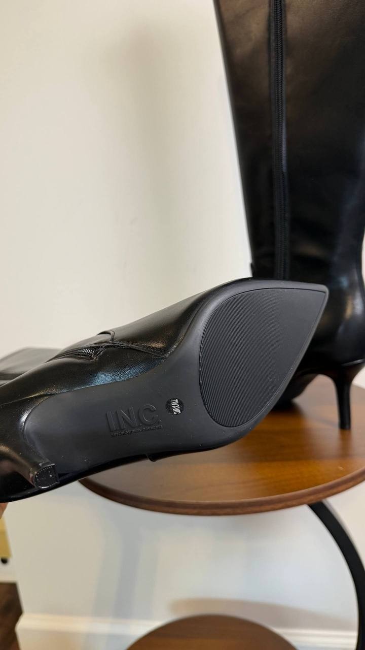 INC Mckennaa Boots 7W Black Beauty Pointy Toe Stiletto Knee‑High NIB msrp$99.90