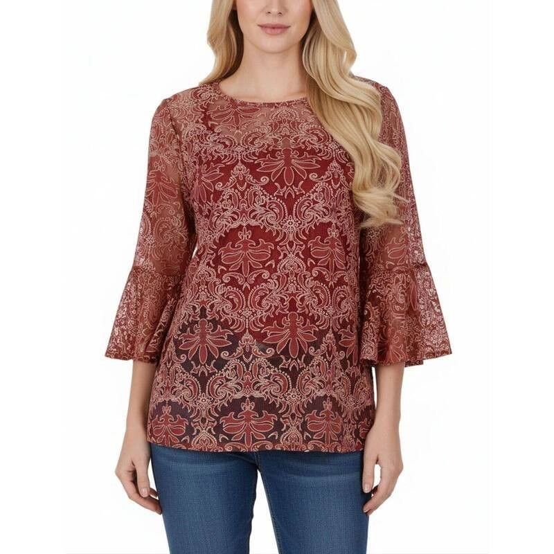 NY Collection Bell Sleeve Lace Blouse & Solid Camisole Red L NWT $44
