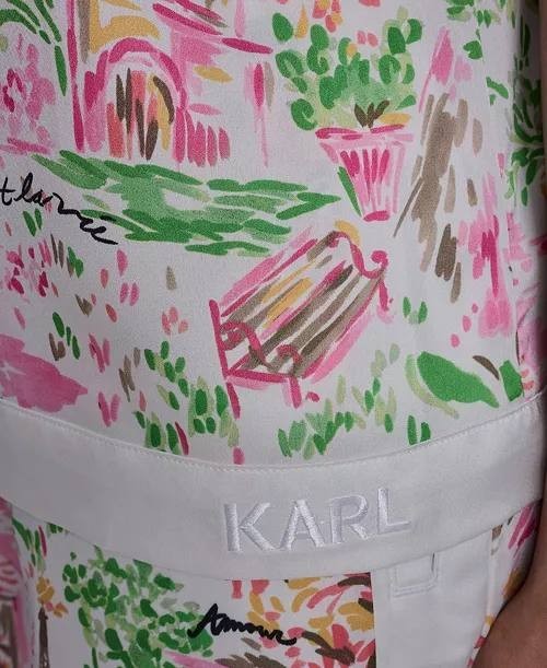 Karl Lagerfeld Collared Printed Button Top Soft White/Pink Carnation L NWT $99