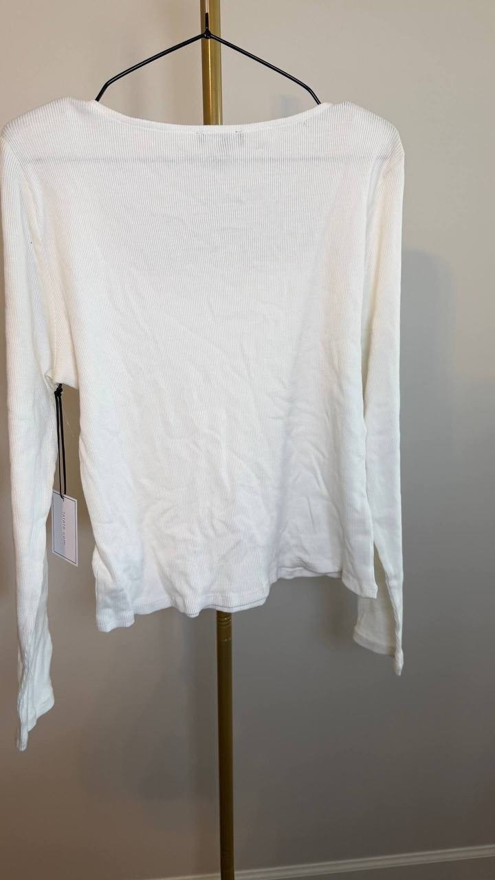 1.STATE Scoop Neck Long Sleeve Cotton Rib T‑Shirt White New Ivory Size L NWT $49