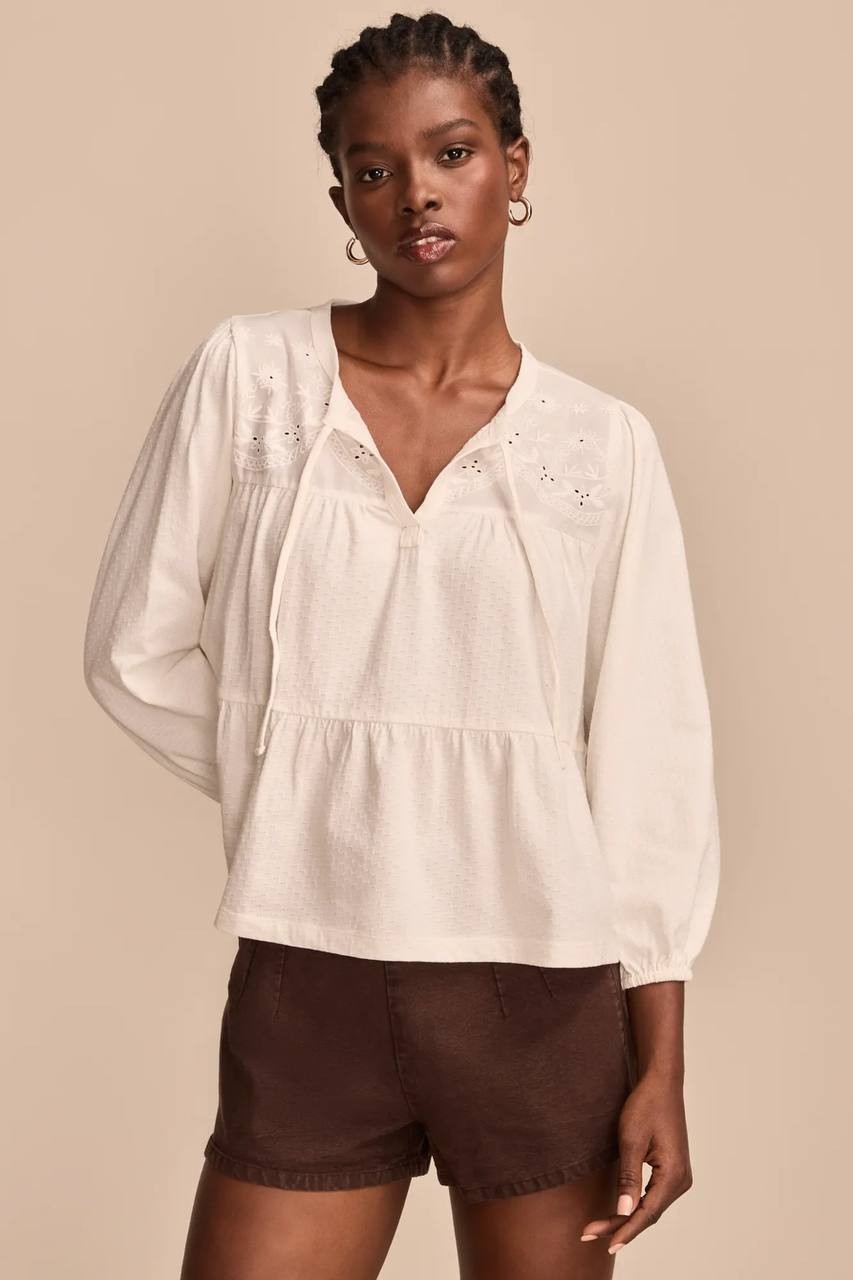 Lucky Brand Top S Whisper White Tiered Babydoll Textured Blouse NWT MSRP $79
