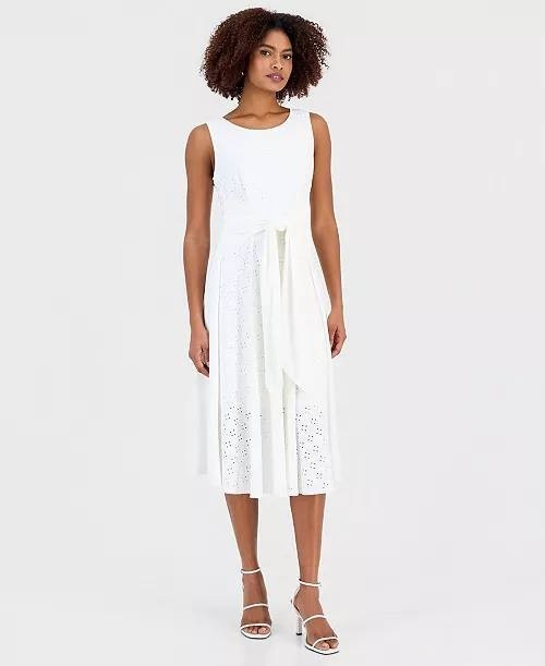 Signature by Robbie Bee Tie‑Front Eyelet Sleeveless Midi Dress White XL NWOT $79