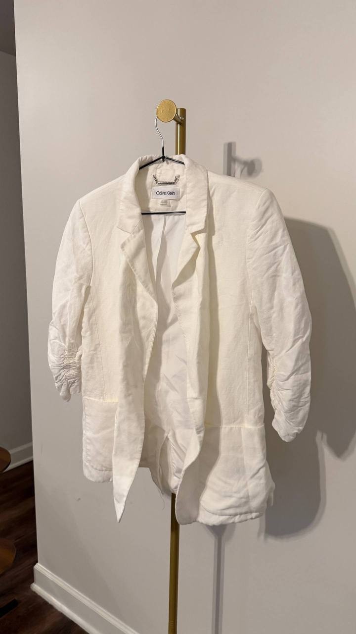 Calvin Klein Linen One-Button Jacket Scrunched Sleeve White 10P NWOT