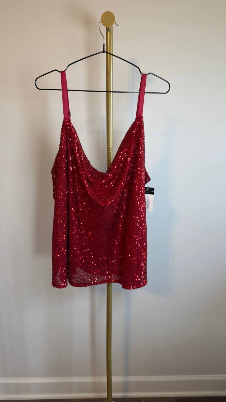 Tahari ASL Sequin Cowl‑Neck Camisole Claret 2X NWT $79