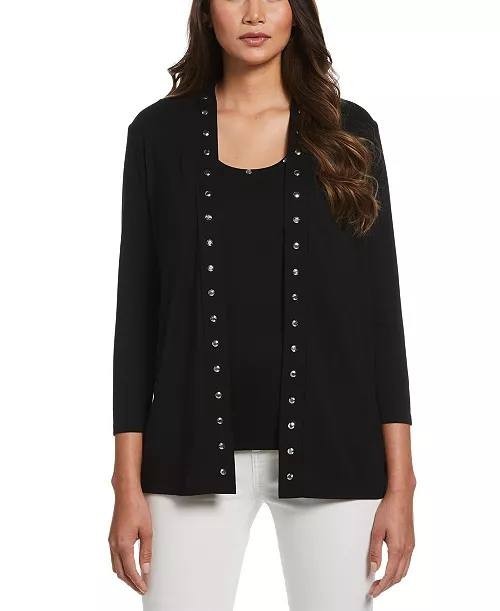 Rafaella Petite Cardigan Crew Neck Sweater Black PM NWT MSRP$59