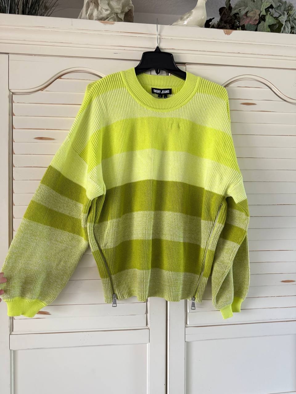 DKNY Sweater XL Yellow Green Stripe Cotton Nylon Ribbed Knit Pullover NWT