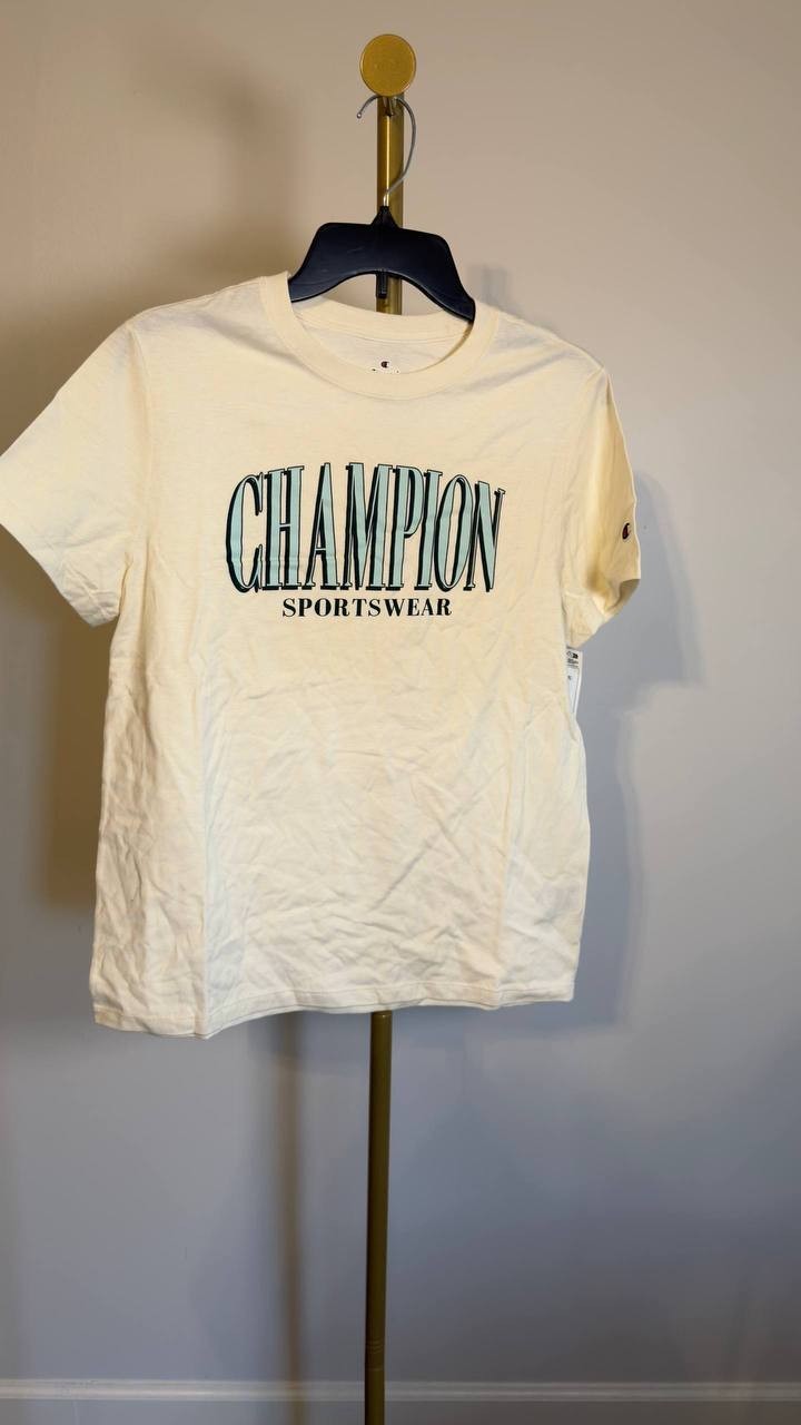Champion Classic Cotton Crewneck Logo Short‑Sleeve T‑Shirt Natural S NWT $25