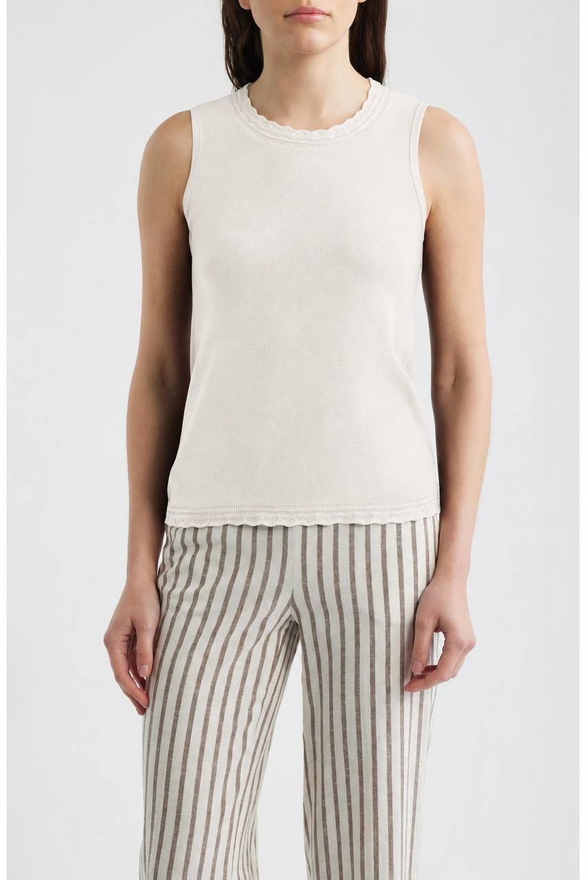 Anne Klein Scallop Trim Sleeveless Sweater White Dove S NWT $69