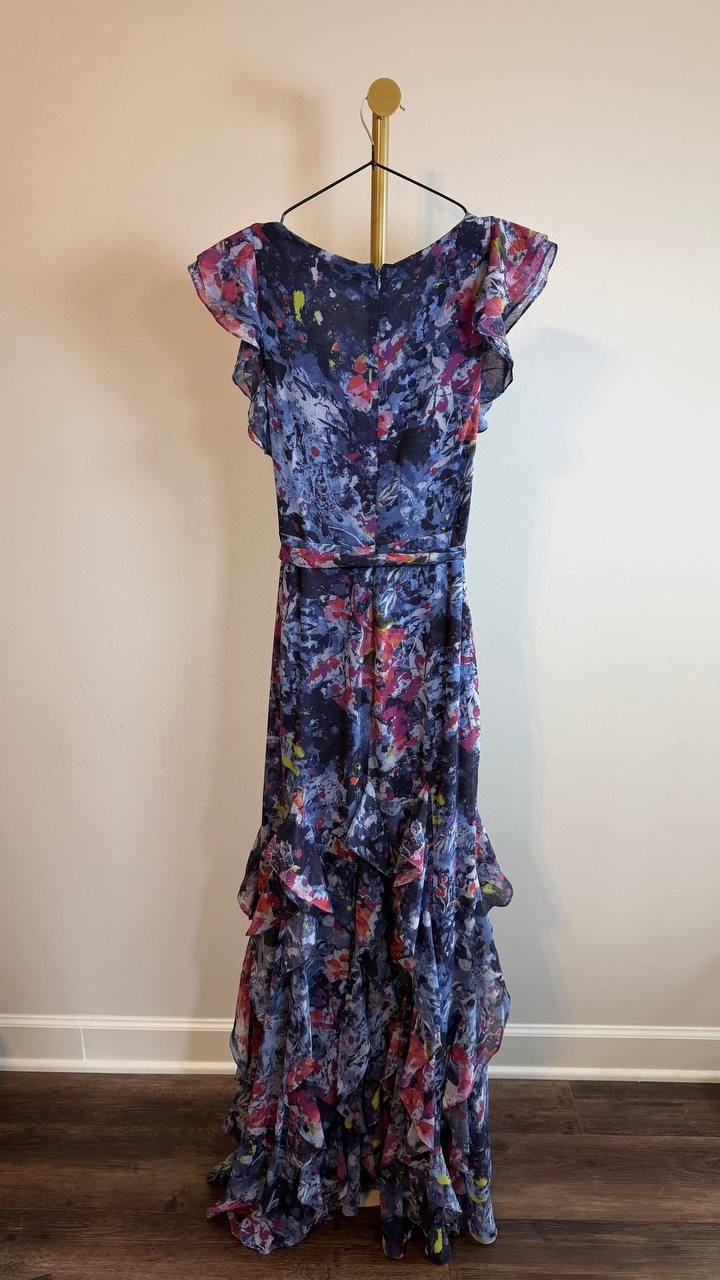 Lauren Ralph Lauren Print Ruffle Georgette Gown Blue Multi 2 NWT $325