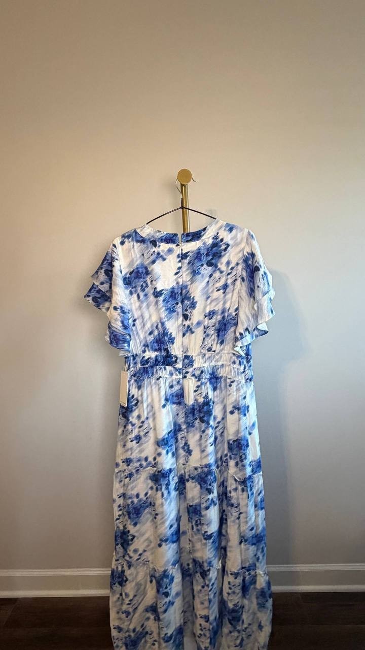 Julia Jordan Printed Ruffle-Sleeve Midi Dress Blue Ivory 8 NWT $139