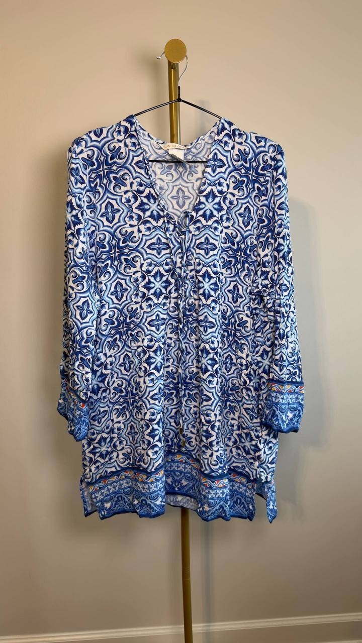 La Blanca Alboran Sea Lace-Up V-Neck Tunic Cover Up Blue Multi XL NWT $113