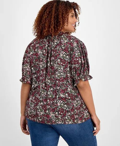 Jones NY Blouse 3X Bordeaux Multi Tie Neck Puff Sleeve Printed Plus Size NWT