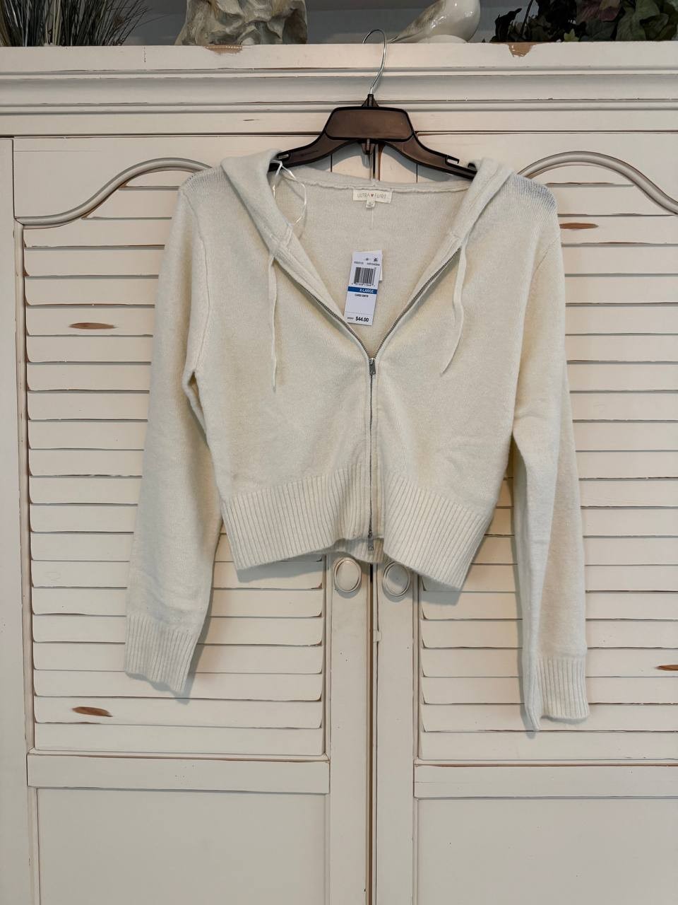 Ultra Flirt Juniors Full-Zip Hooded Cardigan Ivory Knit Sweater NWT Casual