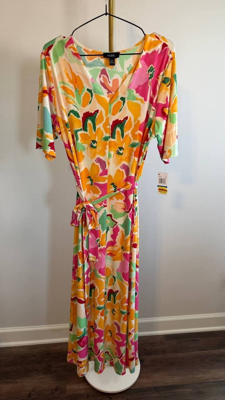 MSK Floral Print Tie Waist V‑Neck Midi Dress Multicolor XL $69 NWTMSK Floral