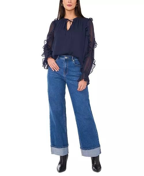 1.STATE Tie‑Neck Ruffled Sheer‑Sleeve Blouse Indigo Night XS NWT $79
