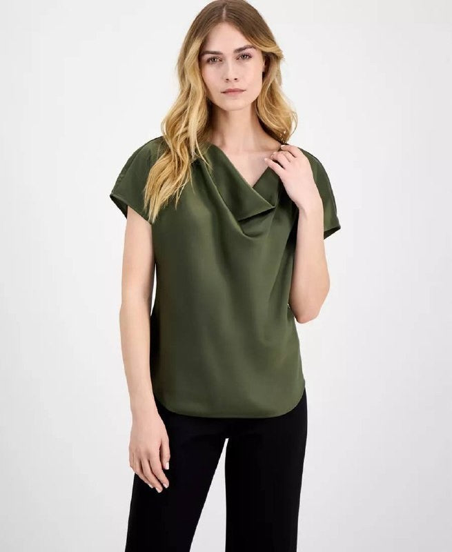 Anne Klein Solid Cowlneck Short‑Sleeve Blouse – Olive – Size L – NWT – $69