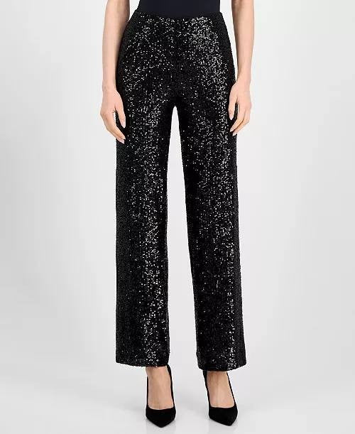 Anne Klein Women's Black Pull-on Sequin Wide-Leg Pants Size-XL