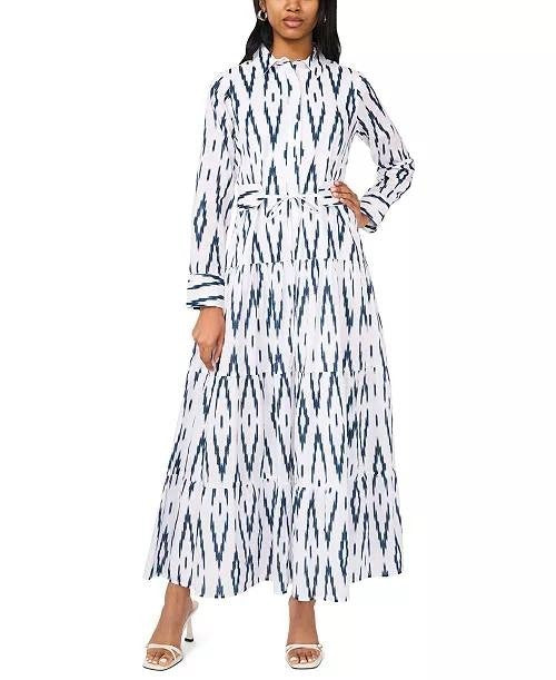 MSK Self‑Belt Long‑Sleeves Maxi Dress White/Black M NWT $109