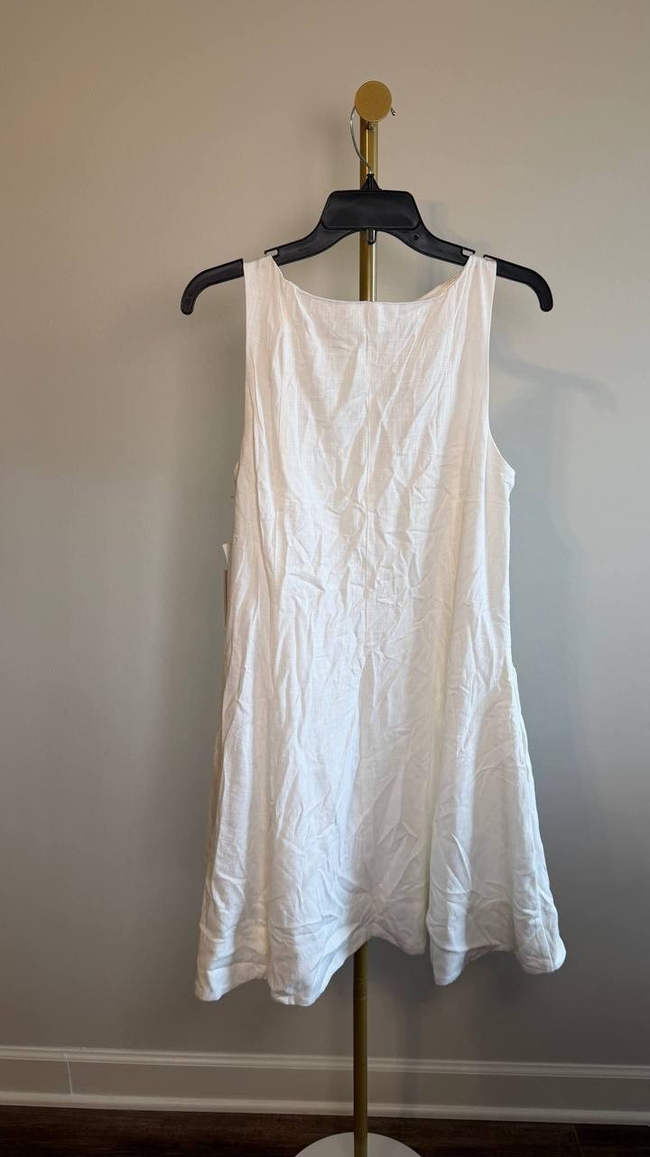 1.STATE Scoop‑Neck Full‑Circle Linen‑Blend Mini Dress White L NWT $99