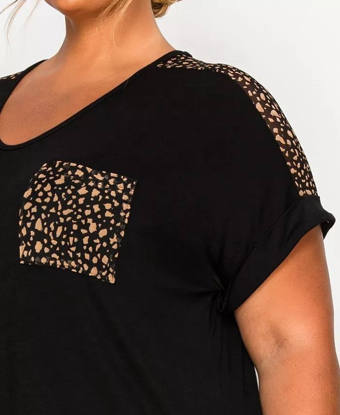 Coin 1804 Plus Size Rolled Sleeve Top Mesh Pocket Black 3X NWT $30