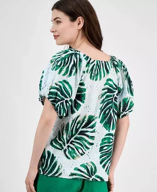 Anne Klein Women’s Eyelet Leaf‑Print Puff Sleeve Top Green M $99 NWT