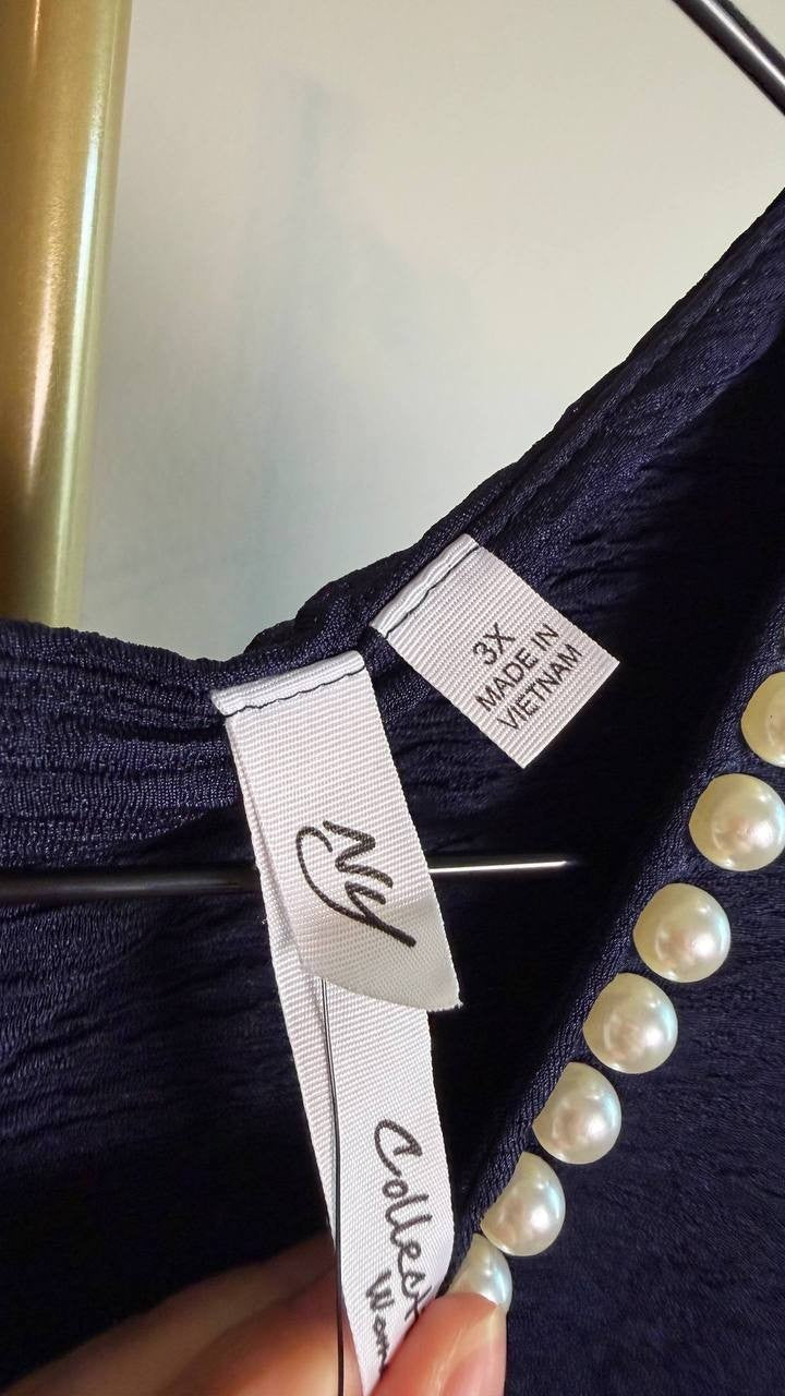 NY Collection Women’s Pearl Detail 3/4 Sleeve Dress Navy 3X Petite $65 NWT