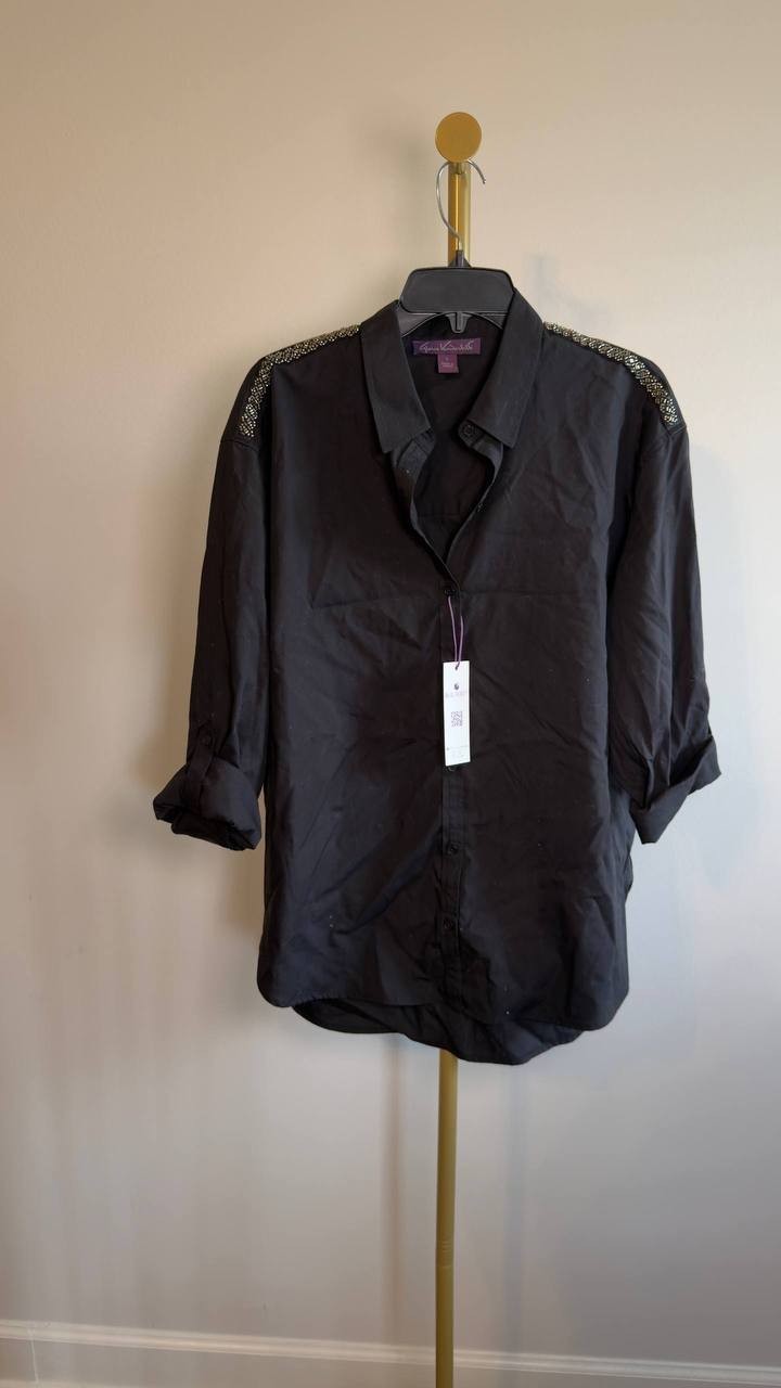 Gloria Vanderbilt Amanda Cotton Beaded‑Shoulder Blouse Black L NWT $54