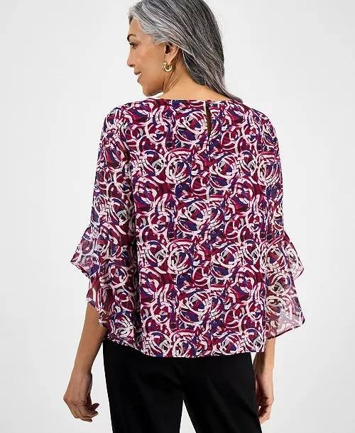 Kasper Flutter‑Sleeve Abstract‑Print Top Cerise Multi L NWT $69