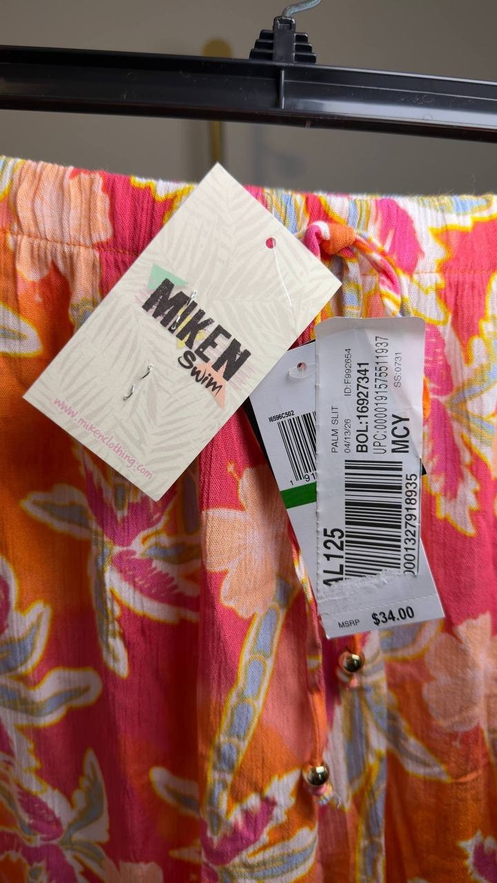 Miken Swim Palm Slit Cover‑Up Romper Palm Multi Multi L NWT $34