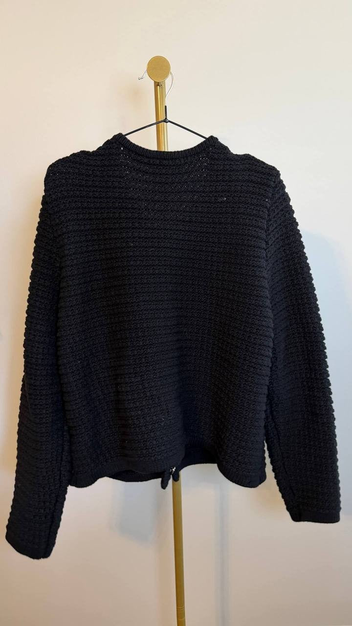 CeCe Texture Cardigan Black Crewneck Patch Pockets SizeXL NWT$119 button missing