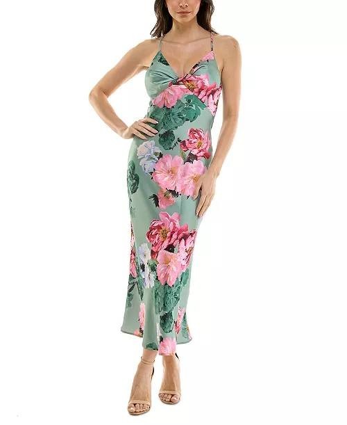 Katia Rae Juniors Floral Satin Twist‑Front Cutout Dress Multicolor M $69 NWT