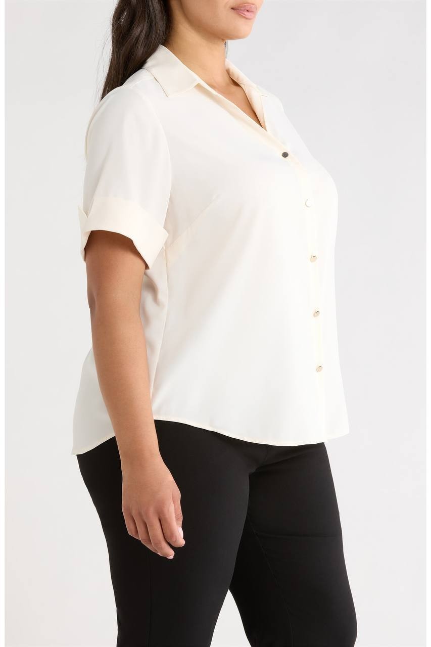 Anne Klein Women’s Short Sleeve Button‑Up Shirt White Dove 1X NWT $69