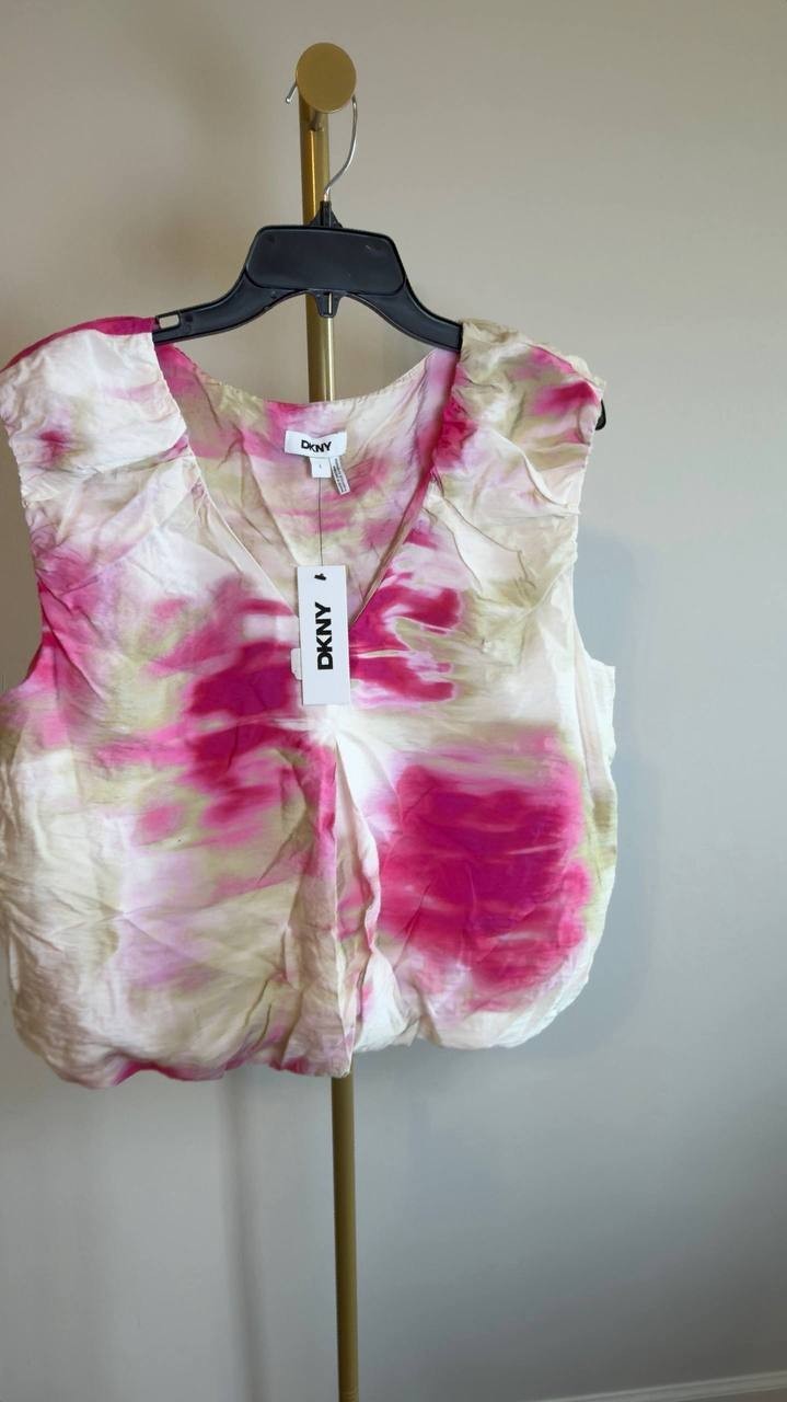 DKNY Floral V Neck Cap Sleeve Top Size L NWT Multicolor Abstract Print