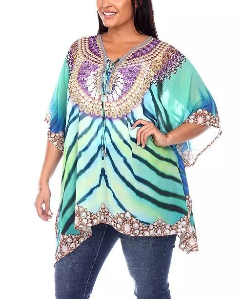 White Mark Plus Size Short Caftan Tie-Up Neckline Green Size L NWT $52