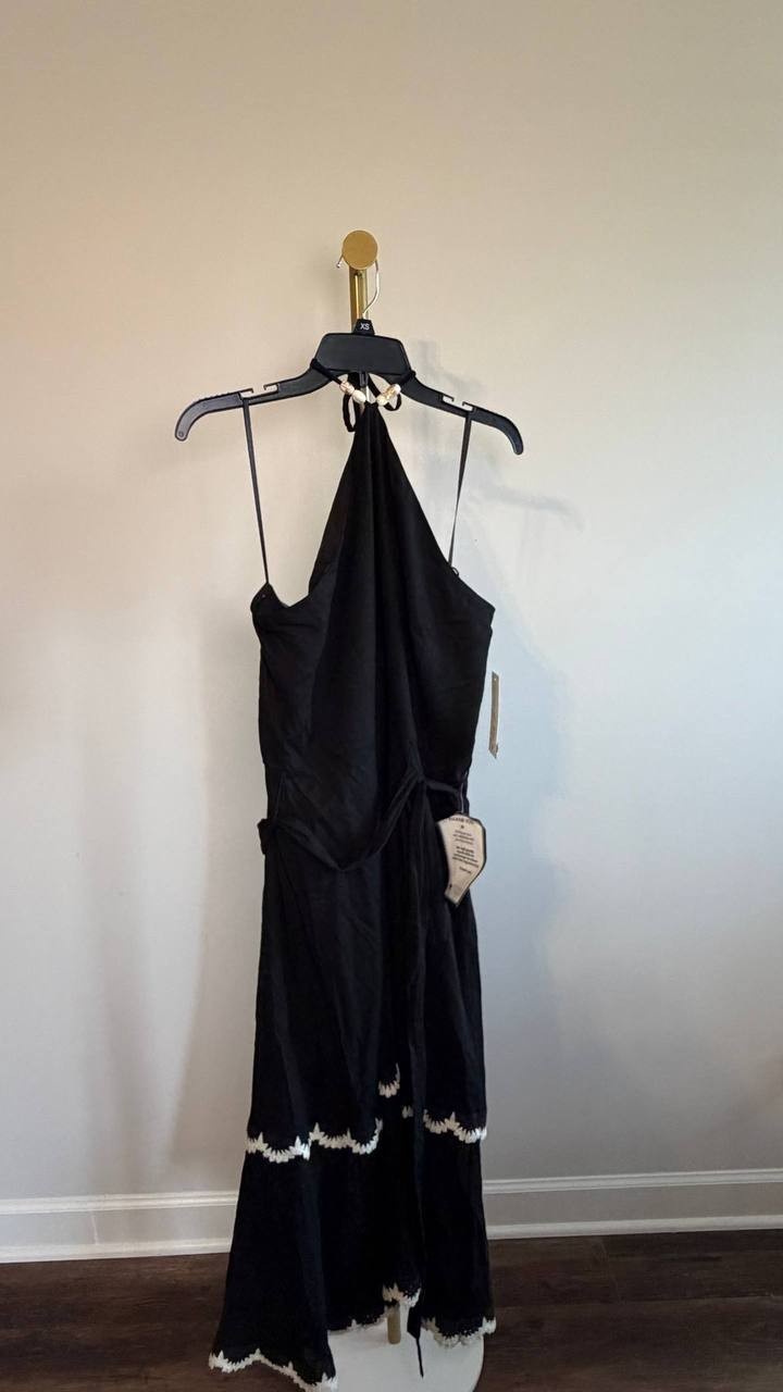 Eliza J Beaded‑Strap Contrast‑Trim Halter Midi Dress Black 16 NWT $168