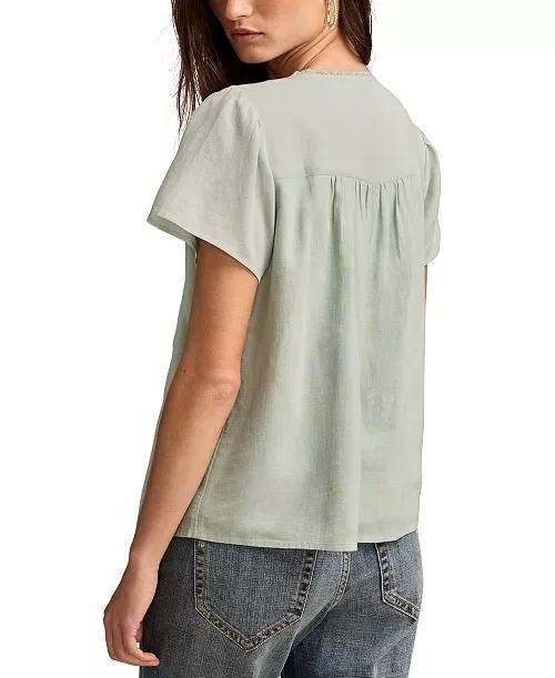 Lucky Brand Top L Surf Green Cotton Pleated Split Neck Flutter Sleeve Peasant NW