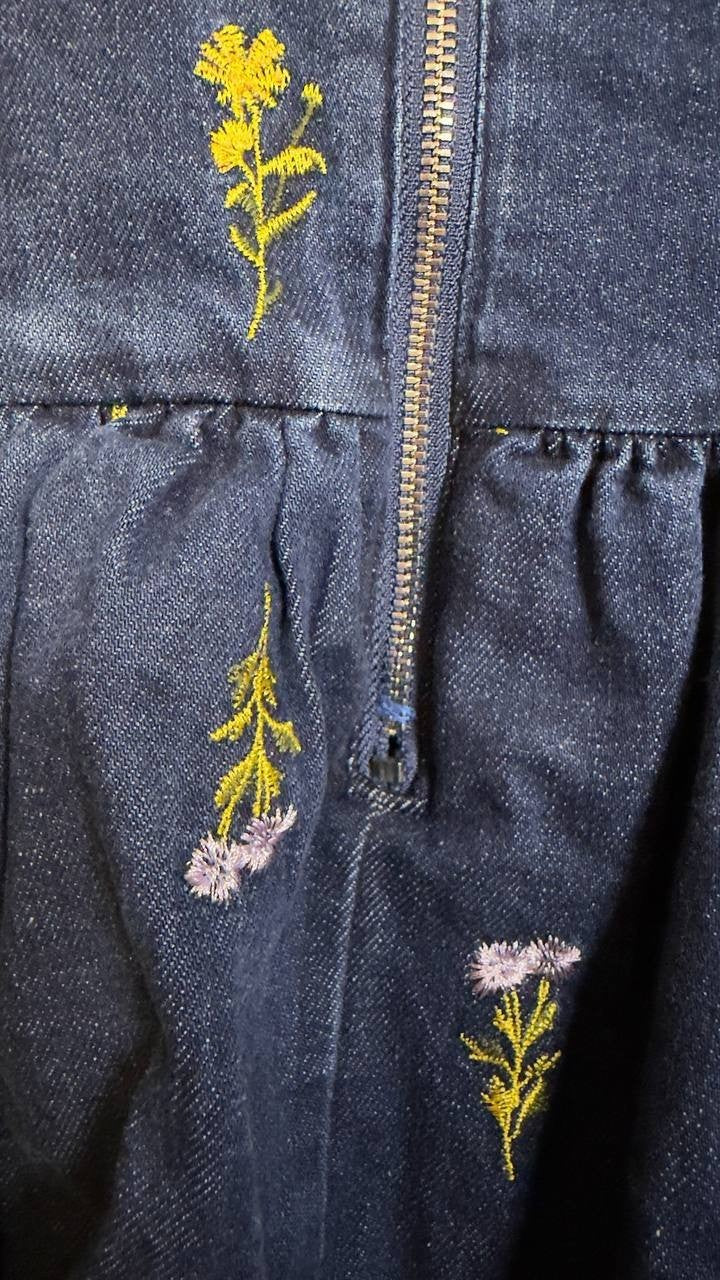 Avec Les Filles Embroidered Bubble Hem Denim Dress Monarch Botanical 8 NWT $138