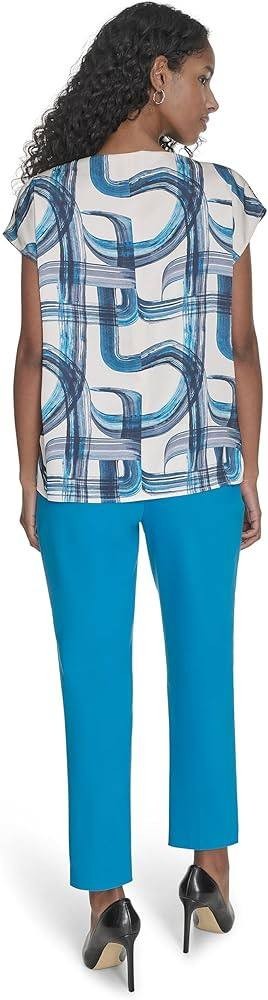 Calvin Klein Printed Sleeveless Pleat‑Neck Cami Top Blue M NWT $49
