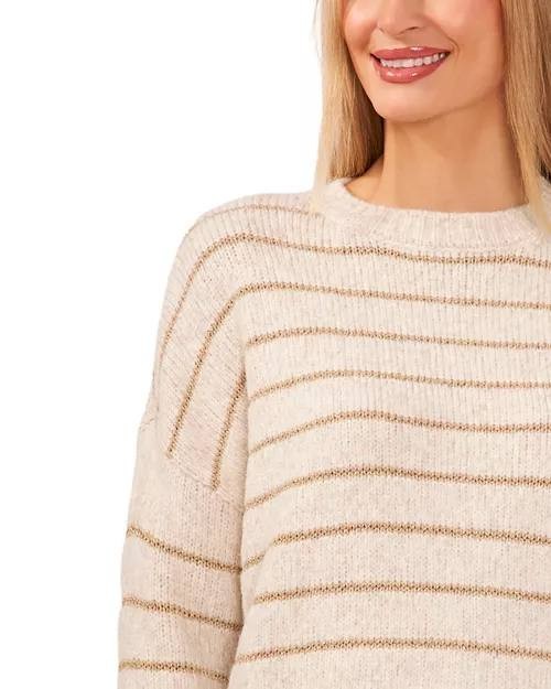 CeCe Women's Beige Gold Metallic Stripe Crewneck Alpaca Wool Sweater Size XL