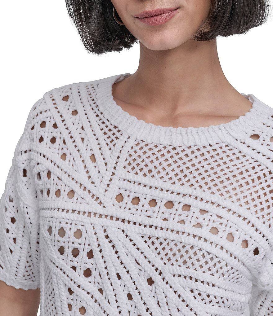 DKNY White Cotton Crochet Short Sleeve Top – Size L – NWT
