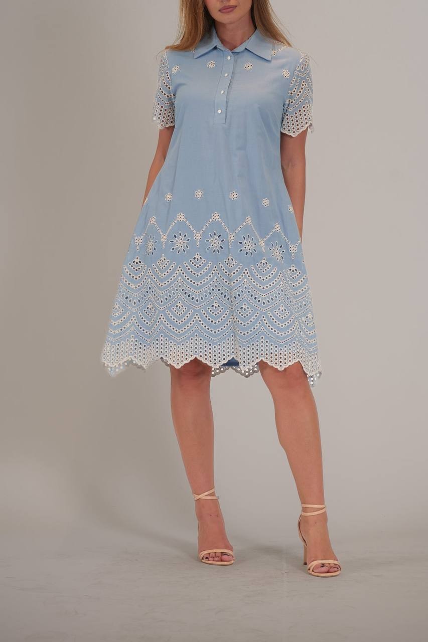 Julia Jordan Women’s Short‑Sleeve Cotton Eyelet Shirt Dress Blue Ivory L $129 NW