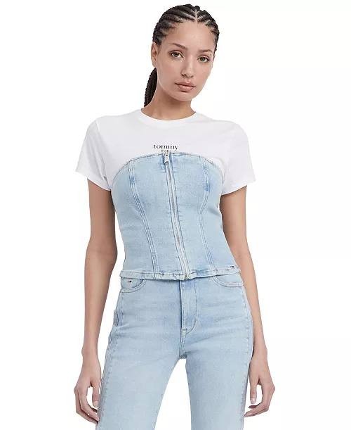 Tommy Jeans Denim Top S/P Strapless Zip-Front Smocked Back NWT - MSRP 90$