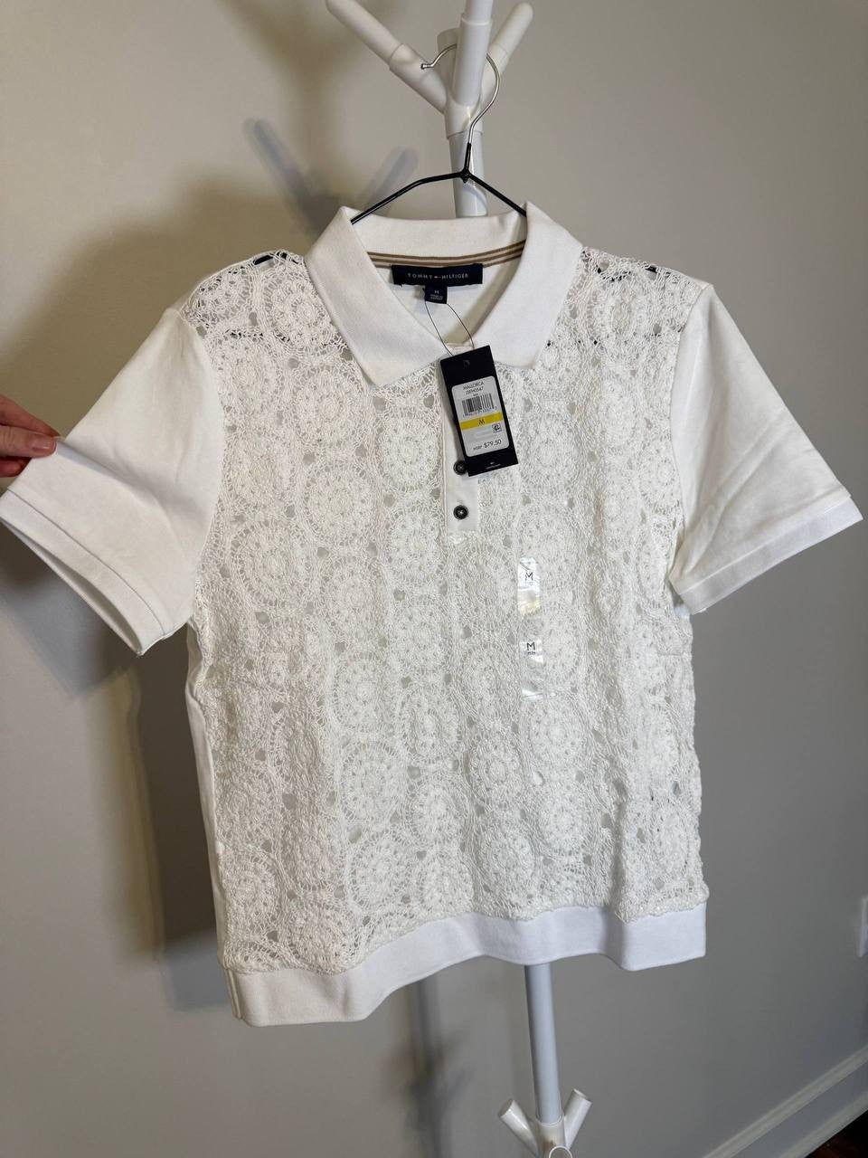 Tommy Hilfiger Women’s Lace Front Cotton Top-White-Size M-NWT-$79.50