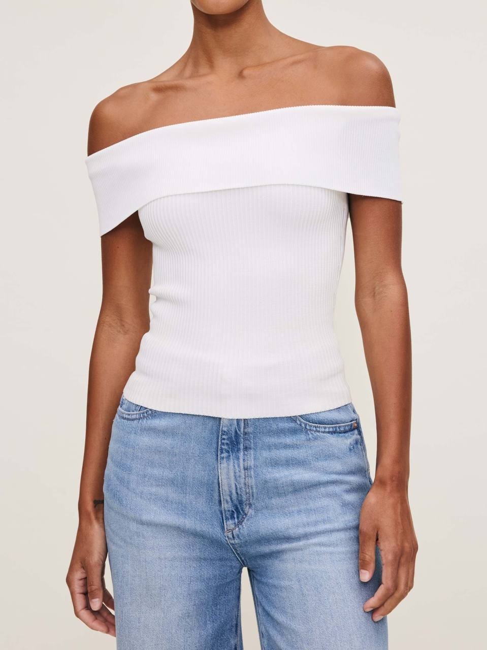 DL1961 Off-Shoulder Ribbed Sculpting Top White S Instasculpt Stretch Knit