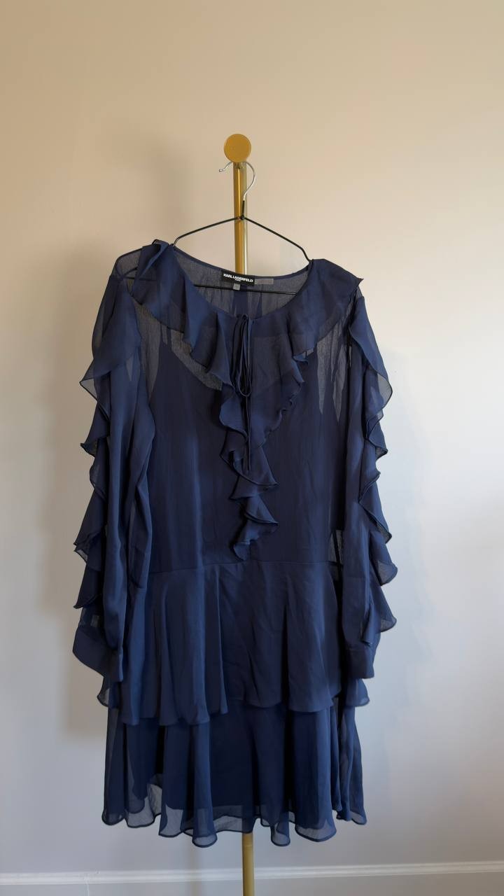 Karl Lagerfeld Paris Layered Ruffle Tie-Front Dress Navy 16 NWT $149