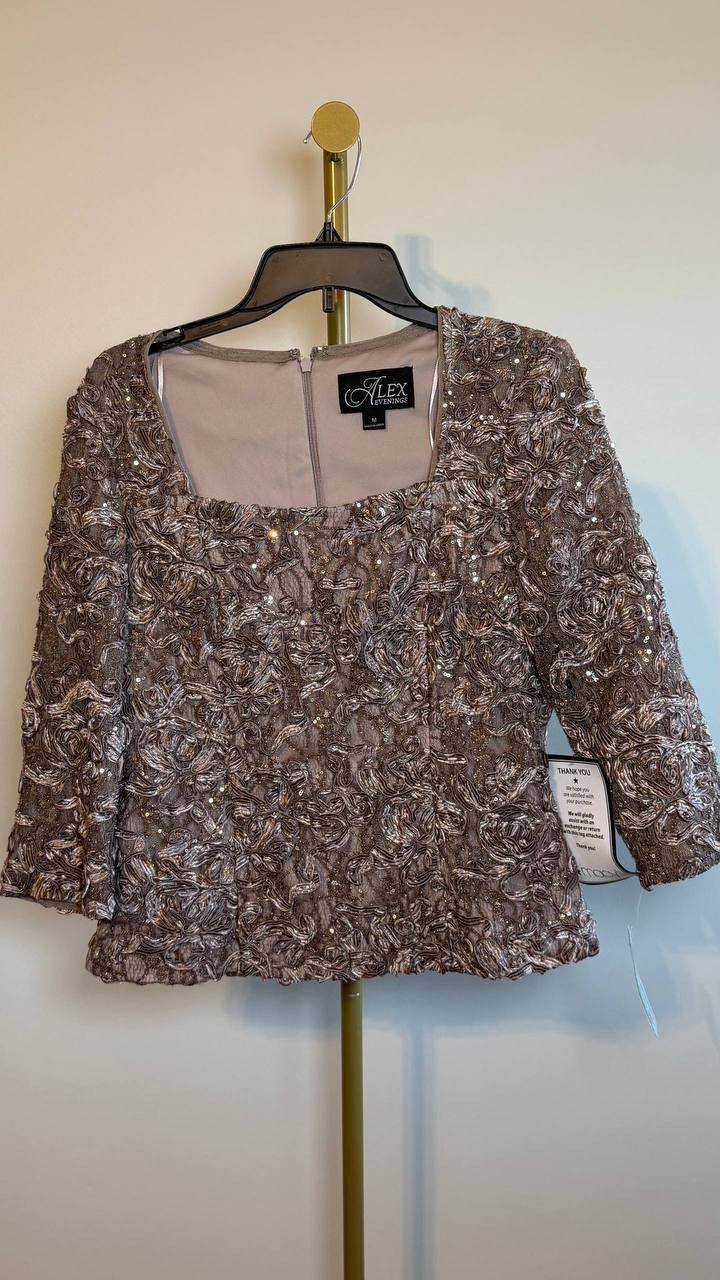 Alex Evenings Petite Lace Square‑Neck 3/4‑Sleeve Top Mink M NWT $139
