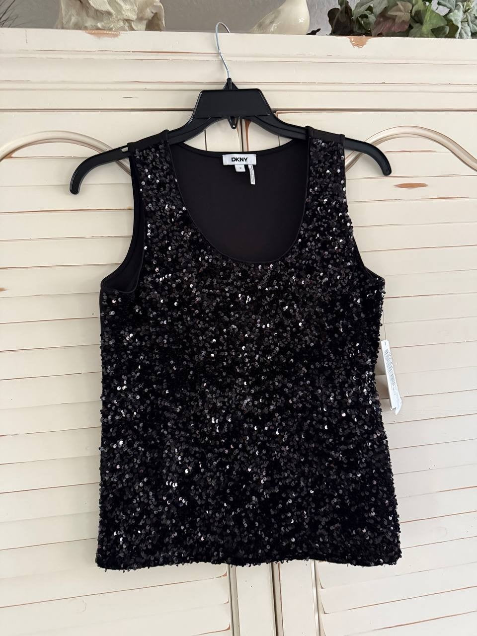 DKNY Sequined Scoop-Neck Sleeveless Tank Top Black, Size M - Women's