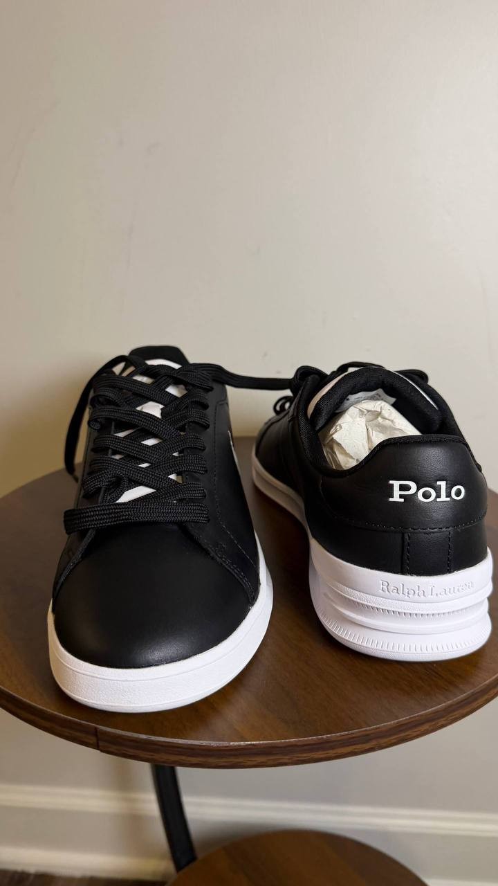 Polo Ralph Lauren Heritage Court II Leather Sneakers Black White 8.5 NWB $145