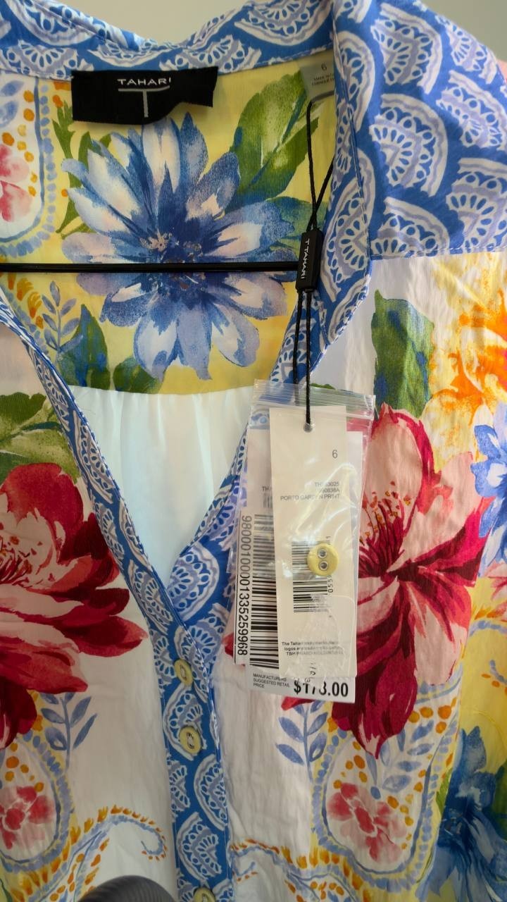 T Tahari Printed 3/4‑Sleeve Midi Shirt Dress 6 Porto Garden NWT $178