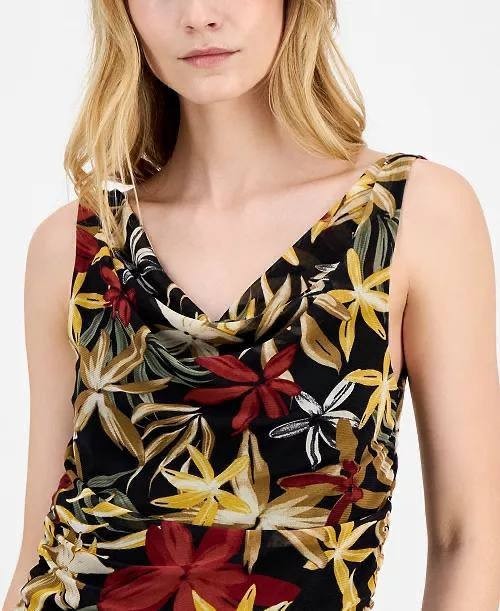 Anne Klein Printed Ruched Draped‑Neck Mesh Top Floral XL NWT $69